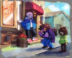 Rule 34 | 1boy, 1girl, 1other, :|, anger vein, angry, black pants, black sclera, blue hoodie, blue jacket, blue pants, blue sky, brown hair, brown pants, brown shoes, closed mouth, collared jacket, colored sclera, colored skin, colored teeth, deltarune, denim, exasperation, expressionless, grass, green sweater, grey hood, grin, highres, hood, hooded jacket, hoodie, hunched over, jacket, jeans, kris (deltarune), long hair, medium hair, messy hair, one eye closed, open clothes, open jacket, open mouth, outdoors, pants, pink slippers, plant, potted plant, purple jacket, purple skin, reptile girl, road, sans (undertale), sharp teeth, shoes, shop, single horizontal stripe, skeleton, sky, slippers, smile, socks, spoilers, starcat bloom, street, striped clothes, striped pants, susie (deltarune), sweater, sweatpants, teasing, teeth, torn clothes, torn pants, trolling, vertical-striped clothes, vertical-striped pants, white socks, wooden house, yellow sclera, yellow teeth