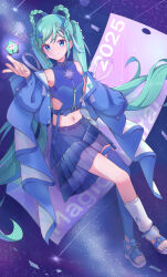 Rule 34 | 1girl, aqua hair, asymmetrical legwear, blue eyes, blue jacket, blue skirt, blue thighhighs, blush, braid, breasts, closed mouth, crop top, earrings, hair ornament, hatsune miku, heart, heart earrings, highres, jacket, jewelry, leg warmers, long hair, magical mirai (vocaloid), midriff, nail polish, navel, official alternate costume, official alternate hairstyle, open clothes, open jacket, skirt, small breasts, smile, solo, soyose, star (symbol), star hair ornament, stomach, thighhighs, toenail polish, toenails, twin braids, twintails, very long hair, vocaloid, white leg warmers