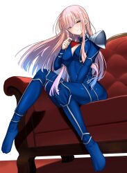 1girl absurdres alternate_costume armor blue_bodysuit blue_boots blush bodysuit boots breasts cleavage closed_mouth commentary cosplay couch cu_chulainn_(fate) cu_chulainn_(fate/stay_night) cu_chulainn_(fate/stay_night)_(cosplay) earrings english_commentary fate/grand_order fate/stay_night fate_(series) floating_hair highres jewelry long_hair long_sleeves longdq3008 medb_(fate) medium_breasts pauldrons pink_hair shoulder_armor sitting smile solo white_background yellow_eyes