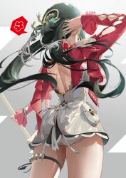 Rule 34 | 1girl, absurdres, astra yao, back, backless dress, backless outfit, black hair, commentary, cowboy shot, dress, from behind, grey background, highres, holding, holding microphone stand, jacket, jelmul, long hair, microphone stand, red jacket, shorts, shorts under dress, simple background, solo, thighs, twitter username, white dress, white shorts, zenless zone zero