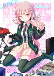 10s 1girl black_thighhighs breasts controller danganronpa_(series) danganronpa_2:_goodbye_despair female_focus game_console game_controller hair_ornament hairclip handheld_game_console hood hoodie kneeling medium_breasts nanami_chiaki nintendo pink_eyes pink_hair playstation_2 playstation_portable pleated_skirt qontamblue school_uniform shirt skirt smile solo super_famicom super_nintendo taut_clothes taut_shirt thighhighs virtual_boy