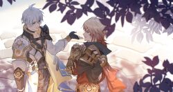 Rule 34 | 2boys, antenna hair, armor, black choker, black coat, black gloves, black shirt, blonde hair, blue eyes, braid, cape, chinese commentary, choker, clawed gauntlets, coat, commentary request, crossed arms, eye contact, fingerless gloves, gloves, gradient hair, hair between eyes, highres, honkai: star rail, honkai (series), looking at another, male focus, medium hair, multicolored hair, multiple boys, mydei (honkai: star rail), open clothes, open coat, pauldrons, phainon (honkai: star rail), red cape, red hair, shirt, short hair, shoulder armor, side braid, side cape, single pauldron, taraka 12138, tree shade, white coat, white hair, yellow eyes