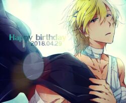 Rule 34 | 1boy, bandages, black jacket, blonde hair, blue eyes, hair ornament, happy birthday, holding, holding jacket, holding unworn clothes, jacket, male focus, non-web source, sendagaya tetsu, servamp, topless male, unworn jacket