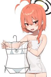 1girl absurdres ahoge bare_arms bare_shoulders bikini blue_archive blush braid chirpy hair_between_eyes highres holding holding_swimsuit holding_unworn_clothes huge_ahoge long_hair micro_bikini naked_towel neru_(blue_archive) open_mouth red_eyes red_hair sidelocks single_braid solo swimsuit teeth towel unworn_swimsuit upper_teeth_only white_bikini