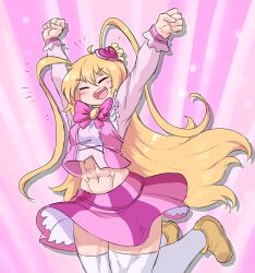 1girl abs blonde_hair bow bowtie cosplay don_quixote_(project_moon) dress hair_bow hair_ornament heart heart_hair_ornament highres limbus_company lobotomy_corporation lobotomy_corporation_(identity)_(project_moon) long_hair muscular muscular_female open_mouth pink_bow pink_bowtie pink_vest project_moon queen_of_hatred queen_of_hatred_(cosplay) sheepapp shirt simple_background skirt smile solo thick_thighs thighhighs thighs very_long_hair vest
