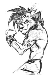 1boy animal_ears artofkurzweil bangle biceps body_markings bracelet commentary ear_piercing english_commentary facial_mark feather_hair_ornament feathers final_fantasy final_fantasy_vii flexing furry furry_male greyscale hair_ornament highres jewelry looking_at_viewer male_focus mane monochrome muscular muscular_male one_eye_closed piercing red_xiii roman_numeral scar scar_across_eye scar_on_face topless_male white_background