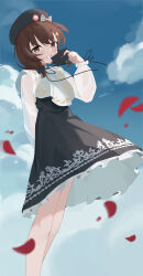 1girl absurdres badge beret black_dress black_hat bow brown_hair button_badge cloud day dress ehen_yyy feet_out_of_frame hair_bow hand_up hat hat_bow highres holding holding_letter letter long_sleeves medium_hair nanami_(virtuareal) nijisanji outdoors petals see-through_clothes see-through_sleeves standing virtual_youtuber virtuareal