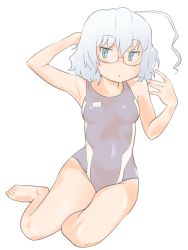 1girl afunai ahoge breasts competition_swimsuit full_body glasses grey_eyes kagaku_chop medium_hair one-piece_swimsuit sitting small_breasts solo suzuzono_sai swimsuit white_hair yokozuwari