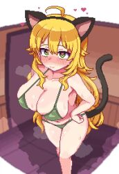 1girl ahoge animal_ear_headwear animal_ears animated bikini blinking blonde_hair blush bouncing_breasts breasts cat_ears cat_tail cleavage fake_animal_ears female_focus green_bikini green_eyes heart heart-shaped_pupils hoshii_miki hothot148 idolmaster idolmaster_(classic) large_breasts long_hair looping_animation navel pixel_art smile solo steam sweat swimsuit symbol-shaped_pupils tail undersized_breast_cup very_long_hair video