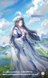 Rule 34 | 1girl, aqua eyes, artist request, black hair, blue sky, bracelet, braid, character name, chinese clothes, circlet, clenched hand, closed mouth, cloud, copyright name, earrings, english text, expressionless, full body, fur hat, grass, hand on own chest, hanfu, hat, hat feather, highres, jewelry, lake, light particles, lipstick, logo, long hair, long sleeves, looking at viewer, makeup, mountainous horizon, nikki (series), niveous fragrance (shining nikki), official art, pink lips, princess urlan, ring, second-party source, shining nikki, side braids, sky, solo, sparkle, standing, twin braids, white hanfu, white hat, wide sleeves