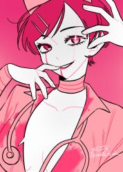 Rule 34 | 1girl, bandaged arm, bandaged neck, bandages, blood, blood on clothes, blood on face, breasts, collarbone, collared shirt, commentary request, fake blood, finger to mouth, futsuu no keion-bu, hair ornament, hairpin, halloween costume, hands up, hat, highres, kondo asobo, kouyama rin, medium breasts, monochrome, no bra, nurse, nurse cap, official alternate costume, open clothes, open shirt, parted lips, pink background, pink theme, pixie cut, shirt, short hair, simple background, smile, solo, sparkling eyes, stethoscope, stethoscope around neck, upper body