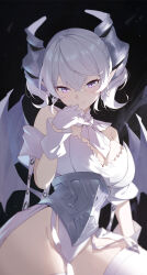 1girl absurdres black_background breasts cleavage closed_mouth commentary_request duel_monster gloves grey_hair grey_horns highres horns looking_at_viewer lovely_labrynth_of_the_silver_castle medium_breasts purple_eyes revealing_clothes simple_background solo sukaliya thighhighs thighs white_gloves white_thighhighs white_wings wings yu-gi-oh!