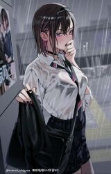 1girl black_bra black_choker black_eyes black_hair black_hairband black_nails black_necktie black_skirt blush bra breasts chigusa_minori choker commentary_request diagonal-striped_clothes diagonal-striped_necktie gradient_nails hairband hand_on_own_face highres looking_at_viewer medium_breasts nail_polish necktie open_mouth pink_hair plaid_clothes plaid_skirt poster_(object) rain saotome_shino_(shino_to_ren) school_uniform see-through_clothes see-through_shirt shino_to_ren shirayuki_ren shirt shirt_tucked_in short_hair skirt solo striped_clothes tactile_paving translation_request underwear wet wet_clothes wet_shirt