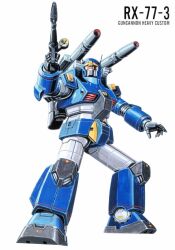 Rule 34 | 1980s (style), assault visor, beam cannon, beam rifle, cannon, character name, damaged, dirty, earth federation, energy gun, gun, guncannon, guncannon heavy custom, gundam, gundam msv, highres, holding, holding weapon, machine gun, machinery, magazine scan, mecha, mecha focus, mobile suit, no humans, official art, oldschool, ookawara kunio, painting (medium), radio antenna, realistic, retro artstyle, robot, scan, science fiction, scope, shoulder cannon, solo, traditional media, weapon, white background, yellow visor