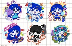+_+ 2girls 4boys :d animal antenna_hair aqua_hair arm_up aubrey_(headspace)_(omori) aubrey_(omori) ba_wu90665 ball banana bare_arms bare_shoulders barefoot basil_(headspace)_(omori) basil_(omori) beachball black_cat black_eyes black_hair black_socks black_tank_top blue_eyes blue_hair blue_outline blue_shorts bread bread_slice bright_pupils brother_and_sister brothers camera candy cat closed_mouth colored_skin dot_mouth dot_nose double-parted_bangs empty_eyes extra_arms flower food forest_bunny_(omori) fried_egg fruit frying_pan full_body green_outline green_overalls grid_background hair_behind_ear hair_between_eyes hand_on_own_hip heart hector_(omori) hero_(headspace)_(omori) hero_(omori) highres holding holding_ball holding_beachball holding_flower holding_knife holding_picnic_basket holding_spatula holding_stuffed_toy jitome kel_(headspace)_(omori) kel_(omori) knife long_hair mari_(headspace)_(omori) mari_(omori) mewo mr._plantegg_(omori) multiple_boys multiple_girls no_pupils no_shoes omori omori_(omori) open_mouth orange_outline outline overall_shorts overalls pants picnic_basket picnic_blanket pink_outline pointing pointing_up purple_outline rock shirt short_hair shorts siblings simple_background smile socks something_(omori) spatula striped_clothes striped_pants striped_shirt striped_shorts stuffed_eggplant stuffed_toy sunflower tank_top vertical-striped_clothes vertical-striped_shorts white_outline white_pants white_pupils white_shorts white_skin wrapped_candy yellow_pupils