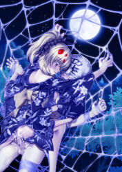 1boy 1girl after_kiss aftersex arthropod_girl assertive_female bdsm black_bow blonde_hair blue_kimono blush bondage bound bow breasts clothed_female_nude_male cum cum_in_pussy cum_on_ass cum_on_body cum_on_legs extra_arms extra_eyes forest full_moon girl_on_top hair_bow highres insect_girl japanese_clothes kimono kurodani_yamame moon muchousha nature naughty_face night nipples nude obi open_mouth orange_eyes penis saliva saliva_trail sash sex silk sin_sack sky spider_girl spider_web star_(sky) starry_sky testicles tongue tongue_out touhou yukata