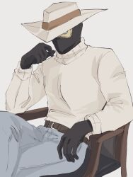 1boy 25teibewa alternate_costume belt black_gloves brown_belt casual chair cypher_(valorant) gloves hat highres mask on_chair pants shirt sitting solo solo_focus turtleneck valorant white_hat