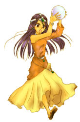 1girl arms_up asymmetrical_dress brown_eyes circlet crystal_ball dark-skinned_female dark_skin dragon_quest dragon_quest_iv dress earrings flip-flops forehead_jewel full_body gem green_gemstone holding_orb jewelry long_dress long_hair long_sleeves metal_belt midzuki minea_(dq4) neck_ring open_mouth orange_dress orb purple_hair sandals silver_circlet single_bare_shoulder single_sleeve solo sphere_earrings standing walking