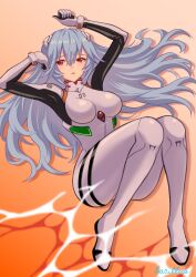 Rule 34 | 1girl, arms up, artist name, ass, ayanami rei, bacillus, beach, bodysuit, breasts, commentary, curled fingers, curvy, evangelion: 3.0+1.0 thrice upon a time, from above, hair between eyes, hair spread out, hand on own head, huge ass, interface headset (evangelion), knees up, lcl, long hair, looking afar, looking to the side, lying, mecha pilot suit, medium breasts, neon genesis evangelion, official alternate hair length, official alternate hairstyle, on back, parted lips, plugsuit (evangelion), rebuild of evangelion, red eyes, signature, smile, solo, very long hair, white bodysuit, wide hips