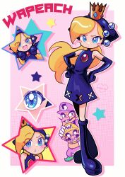 1girl 2boys absurdres blonde_hair blue_eyes blush_stickers character_name crown dress drop_shadow facial_hair gloves hands_on_own_hips highres marikyuunn mario_(series) mario_power_tennis mario_tennis multiple_boys mustache nintendo open_mouth overalls signature sleeveless sleeveless_dress star_(symbol) teeth thumbs_down waluigi wario warupeach