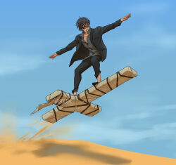 1boy absolem0 arms_up artist_name black_hair black_jacket black_pants black_shoes cigarette collared_shirt day desert full_body grey_shirt highres jacket large_cross long_sleeves male_focus mouth_hold nicholas_d._wolfwood outdoors pants partially_unbuttoned shirt shoes short_hair solo sunglasses surfing trigun trigun_stampede v-shaped_eyebrows