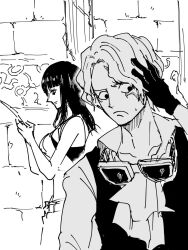 1boy 1girl ascot bad_id bad_twitter_id belt blunt_bangs gloves goggles goggles_around_neck greyscale highres looking_down looking_to_the_side medium_hair monochrome nico_robin one_piece potechi_norisio profile sabo_(one_piece) scar scar_on_face shirt short_hair upper_body vest waistcoat wall