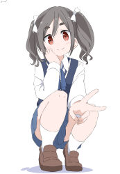 1girl absurdres bad_anatomy bad_hands blue_ribbon blue_vest brown_shoes closed_mouth convenient_skirt cynical_(llcbluckg_c004) fingernails grey_hair highres kiriyama_an loafers looking_at_viewer mono_(afro) pleated_skirt red_eyes ribbon school_uniform shirt shoes skirt socks solo squatting v vest white_shirt white_socks