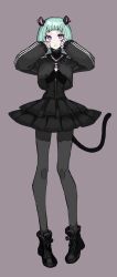 1girl animal_ear_piercing animal_ears aqua_hair black_choker black_dress black_jacket black_pantyhose black_shoes black_tail choker closed_mouth collarbone cropped_jacket dress full_body hands_up highres jacket legs_apart long_legs long_sleeves looking_up original pantyhose pink_eyes purple_background shoes short_bangs short_dress short_hair simple_background solo standing tail yoshioka_suke