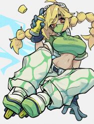 Rule 34 | 1girl, ahoge, arm support, baggy pants, belt, black belt, black gloves, blonde hair, bomb rush cyberfunk, braid, breasts, brown eyes, commentary, covered mouth, crop top, cropped shirt, doobermcgoober, full body, gloves, goggles, goggles on head, green pants, green shirt, highres, holding spray can, inline skates, jet (lethal league), jetpack, lethal league blaze, long bangs, looking at viewer, mask, midair, midriff, mouth mask, multicolored pants, navel, orange eyes, pants, red eyes, roller skates, shark, shirt, simple background, sitting, skates, solo, spray can, streetwear, thick eyebrows, twin braids, twintails, white background, white pants, y2k fashion