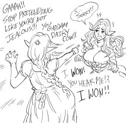 2girls ^^^ anger_vein angry bb_(baalbuddy) big-breasted_barmaid_elf_(baalbuddy) braid breast_envy breasts cleavage commentary dress elf english_commentary english_text flat_chest_barmaid_elf_(baalbuddy) greyscale hand_up highres insult large_breasts long_hair mole mole_under_mouth monochrome motion_lines multiple_girls open_mouth original pointing pointy_ears pregnant simple_background sweatdrop very_long_hair white_background wide-eyed