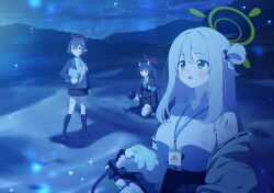 3girls animal_ear_fluff animal_ears ayane_(blue_archive) black_hair black_shoes black_socks blonde_hair blue_archive blue_jacket blue_necktie cat_ears cat_girl gatling_gun glasses green_halo gun hair_between_eyes hair_bun halo highres holding holding_gun holding_tablet_pc holding_weapon id_card jacket kneehighs long_hair minigun multiple_girls necktie non-web_source nonomi_(blue_archive) official_art on_one_knee plaid_clothes plaid_skirt pointy_ears red-framed_eyewear red_halo serika_(blue_archive) shoes sidelocks single_side_bun skirt socks sweater tablet_pc weapon yellow_jacket yellow_sweater