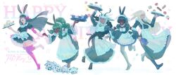 Rule 34 | 6+girls, alternate costume, ancient rabbit, animal ears, anniversary, antlers, apron, araiyme, barefoot, black dress, black horns, black pantyhose, blonde hair, bow, cake, cake slice, chibi, chibi inset, closed eyes, closed mouth, commentary, cookie, cup, dark-skinned female, dark skin, defender rabbit, dragon, dress, drill hair, drill sidelocks, druid rabbit, elbow gloves, english commentary, enmaided, floppy ears, food, full body, gloves, green hair, hair bow, happy anniversary, heavyblade rabbit, highres, holding, holding tray, horns, long hair, macaron, maid, maid day, maid headdress, merran the steeltooth wolf, multiple girls, open mouth, pantyhose, pink bow, rabbit and steel, rabbit ears, rabbit girl, rabbit of the moon shira, ranalie the mythril dragon, sidelocks, smile, sniper rabbit, tassha the snowfur wolf, tea, teacup, tray, very long hair, white apron, white gloves, white hair, wolf ears, wolf girl
