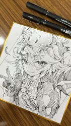 Rule 34 | 1girl, animal, cartridge, closed mouth, doki amber doge (dokibird), dokibird (vtuber), dokibird (vtuber) (retro doki), fang, feathers, gloves, granetchong62, greyscale, hair ornament, hairclip, highres, indie virtual youtuber, jacket, looking at viewer, medium hair, monochrome, neckerchief, open clothes, open jacket, photo (medium), shirt, skin fang, smile, solo, traditional media, upper body, v, virtual youtuber