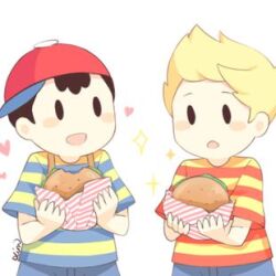 2boys artist_request bad_tag black_hair burger child eating hat lucas_(mother_3) male_focus mother_(series) mother_2 mother_3 multiple_boys ness_(mother_2) nintendo shirt source_request striped_clothes striped_shirt super_smash_bros.