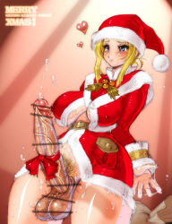 1futa blonde_hair blue_eyes blush bottomless breasts censored christmas covered_erect_nipples cum cum_on_body ejaculation erection from_below full-package_futanari futanari handsfree_ejaculation huge_breasts huge_penis large_breasts large_penis long_hair no_bra no_panties penis penis_ribbon plump pointless_censoring precum pubic_hair ribbon sannengumi_kinpenisensei santa_costume smile solo sweat testicles thick_thighs thighs veins veiny_penis