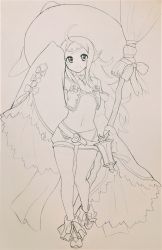 1girl breasts broom female_focus fire_emblem highres long_hair midriff monochrome nintendo nowi_(eternal_witch)_(fire_emblem) nowi_(fire_emblem) pencilanon pointy_ears shorts small_breasts solo third-party_source