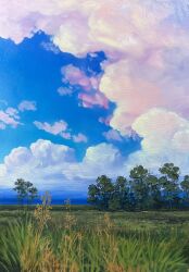 blue_sky cloud cloudy_sky commentary cumulonimbus_cloud day english_commentary florida_(location) grass highres kate_avery nature no_humans oil_painting_(medium) original outdoors painting_(medium) scenery sky traditional_media tree