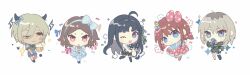 5girls ahoge alcohol asymmetrical_legwear awa_subaru beer beer_can beer_mug belt black_hair black_shirt black_thighhighs blue_bow blue_eyes blue_ribbon blue_shorts bow brown_coat brown_eyes brown_shorts can cat chibi chibi_only closed_mouth coat collared_shirt commentary cup dress dress_shirt drink_can earclip ebizuka_tomo fake_horns fishnets food girls_band_cry green_shirt grey_eyes grey_hair hair_between_eyes hair_bow hair_ornament hair_ribbon hairband hairclip highres holding holding_can holding_cup holding_food holding_ice_cream holding_ice_cream_scoop_(utensil) holding_microphone horns ice_cream ice_cream_scoop_(utensil) iseri_nina juliet_sleeves kawaragi_momoka koe_naki_sakana koko_aovoa light_brown_hair long_hair long_hair_between_eyes long_sleeves low_twintails microphone mole mole_under_eye mug multicolored_hair multiple_girls one_eye_closed open_mouth pantyhose parted_bangs pink_bow pink_dress pink_hairband pink_ribbon polka_dot polka_dot_bow puffy_sleeves purple_eyes red_eyes red_hair ribbon roots_(hair) rupa_(girls_band_cry) shirt short_hair short_twintails shorts sidelocks simple_background single_thighhigh sleeveless sleeveless_shirt suspender_shorts suspenders symbol-only_commentary thighhighs togenashi_togeari twintails white_background white_belt white_bow white_dress white_hairband white_pantyhose white_shirt white_shorts