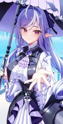 1girl absurdres black_nails blush breasts closed_mouth commentary english_commentary highres holding holding_umbrella kook large_breasts long_hair looking_at_viewer mole mole_under_eye nail_polish pointy_ears purple_hair purple_umbrella red_eyes smile solo umbrella vivian_banshee zenless_zone_zero