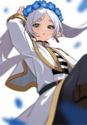 1boy 1girl amamiyayk blue_flower blue_shirt blurry blurry_foreground capelet commentary_request day depth_of_field earrings elf expressionless eyelashes falling_petals field floating_earrings flower flower_field frieren ghost gold_trim green_eyes hair_down hair_spread_out hand_up highres jacket jewelry long_hair long_sleeves lying on_back on_ground open_clothes open_jacket out_of_frame outdoors parted_lips petals pointy_ears reaching reaching_towards_another ring shirt sousou_no_frieren striped_clothes striped_shirt teardrop_earrings upper_body white_capelet white_hair white_jacket