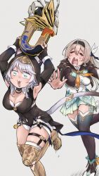 2girls animal_ears black_capelet black_gloves black_leotard blue_eyes boots breasts capelet cat_ears cat_girl cat_tail cipher_(honkai:_star_rail) cleavage commentary_request dress fingerless_gloves firefly_(honkai:_star_rail) gloves gold_boots green_dress grey_background grey_hair helmet highres holding honkai:_star_rail honkai_(series) large_breasts leotard long_hair magnet magnetism mole mole_on_breast multiple_girls open_mouth sam_(honkai:_star_rail) short_hair_with_long_locks shorts tail tama_(tamathersky) thigh_boots thighs white_shorts