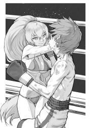 1boy 1girl boxing boxing_gloves commission fighting highres megurine_luka mixed-sex_combat pixiv_commission reverse_ryona rggr sadism tagme