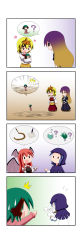 Rule 34 | !?, 5girls, ?, ^^^, ^ ^, absurdres, animal ears, blue hair, blush stickers, brush, chibi, closed eyes, gradient hair, green hair, hair ornament, head wings, heart, herb, highres, hijiri byakuren, hood, kasodani kyouko, koakuma, kumoi ichirin, magic circle, mini person, minigirl, multicolored hair, multiple girls, no mouth, no nose, potion, purple hair, rakugaki-biyori, red hair, solid oval eyes, spoken character, spoken interrobang, spoken question mark, stick, sweatdrop, tail, toramaru shou, touhou, wings