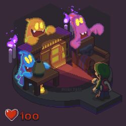 1boy 3others :d animated animated_gif artist_name blue_pants candle chair fangs fire flashlight gameplay_mechanics ghost gloves green_headwear hat heartbeat hiding highres lamp laughing luigi luigi&#039;s_mansion mario_(series) multiple_others nintendo open_mouth pants pixel_jess poltergust_3000 purple_fire smile table white_gloves yellow_eyes