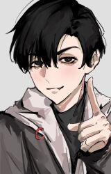 1boy alien_stage black_eyes black_hair black_jacket black_shirt chinese_commentary closed_mouth commentary_request fang fang_out highres index_finger_raised ivan_(alien_stage) jacket male_focus portrait red_pupils shirt short_hair solo very_short_hair xiao_gou_kongtiao