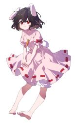 1girl :3 absurdres animal_ears artist_request barefoot bloomers bow brown_hair carrot_necklace closed_mouth commentary commentary_request english_commentary floppy_ears full_body highres inaba_tewi jewelry looking_at_viewer medium_hair mixed-language_commentary necklace pendant pink_shirt pink_skirt psd_available puffy_short_sleeves puffy_sleeves rabbit_ears rabbit_girl rabbit_tail red_bow red_eyes ribbon-trimmed_skirt ribbon_trim second-party_source shirt short_sleeves skirt sleeve_bow smile solo tachi-e tail toes touhou transparent_background underwear white_bloomers