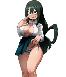 1girl absurdres asui_tsuyu boku_no_hero_academia breasts cleavage collared_shirt green_hair green_skirt highres inker_comics long_sleeves looking_at_viewer panties pleated_skirt school_uniform shirt side-tie_panties simple_background skirt smile solo tongue tongue_out u.a._school_uniform underwear white_background white_shirt