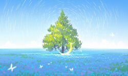 artist_name blue_sky bug butterfly crescent_moon day field flower flower_field horizon huhv. insect moon nature no_humans original outdoors purple_flower scenery sky tree