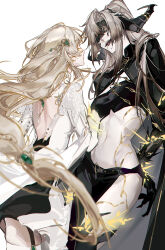2girls blindfold blonde_hair character_request cowboy_shot highres horns long_hair looking_at_another midriff multiple_girls path_to_nowhere sharp_teeth sleeptight standing teeth very_long_hair white_hair