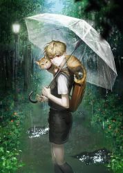 1boy animal animal_on_shoulder backpack bag bare_arms black_shorts black_vest blonde_hair bush cat cat_on_shoulder collared_shirt feet_out_of_frame flower from_side grey_legwear highres holding holding_umbrella house kneehighs lamppost looking_at_viewer looking_to_the_side male_focus muksal nature necktie orange_flower original outdoors puddle rain red_eyes red_necktie road shirt short_hair short_sleeves shorts socks standing transparent transparent_umbrella tree umbrella vest